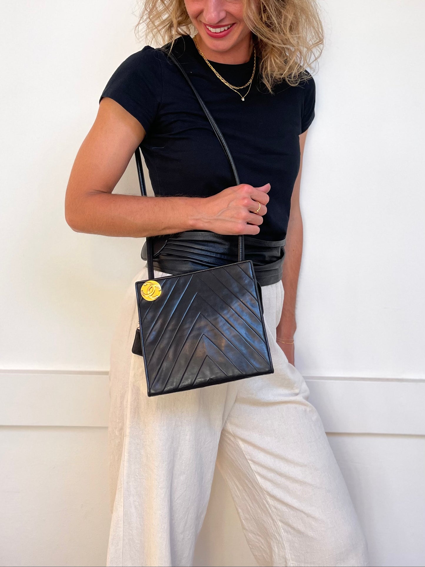 Chanel Chevron (V-Stitch) Quilted CC medallion Zip Bag | Series 18 (2013-2014) | Black Lambskin & GHW