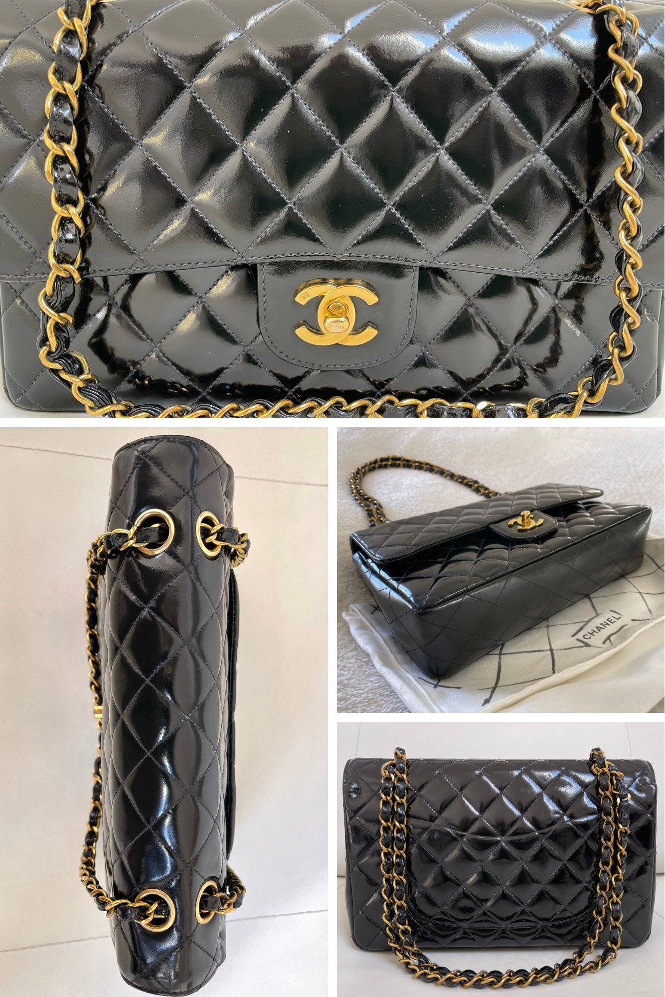Chanel Classic Timeless Medium Double Flap | Series 3 (1994-1996) | Black Patent Leather & 24-Karat GHW