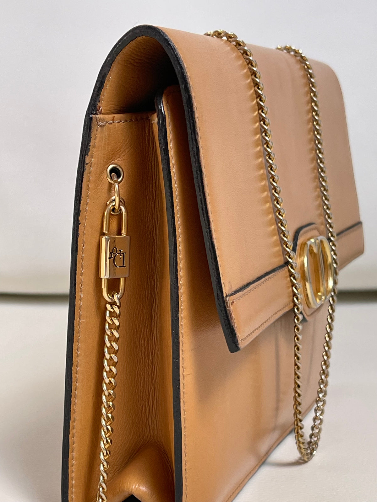 Christian Dior Vintage CD Logo Chain Clutch Caramel Tan Calfskin & Gold-Tone Hardware