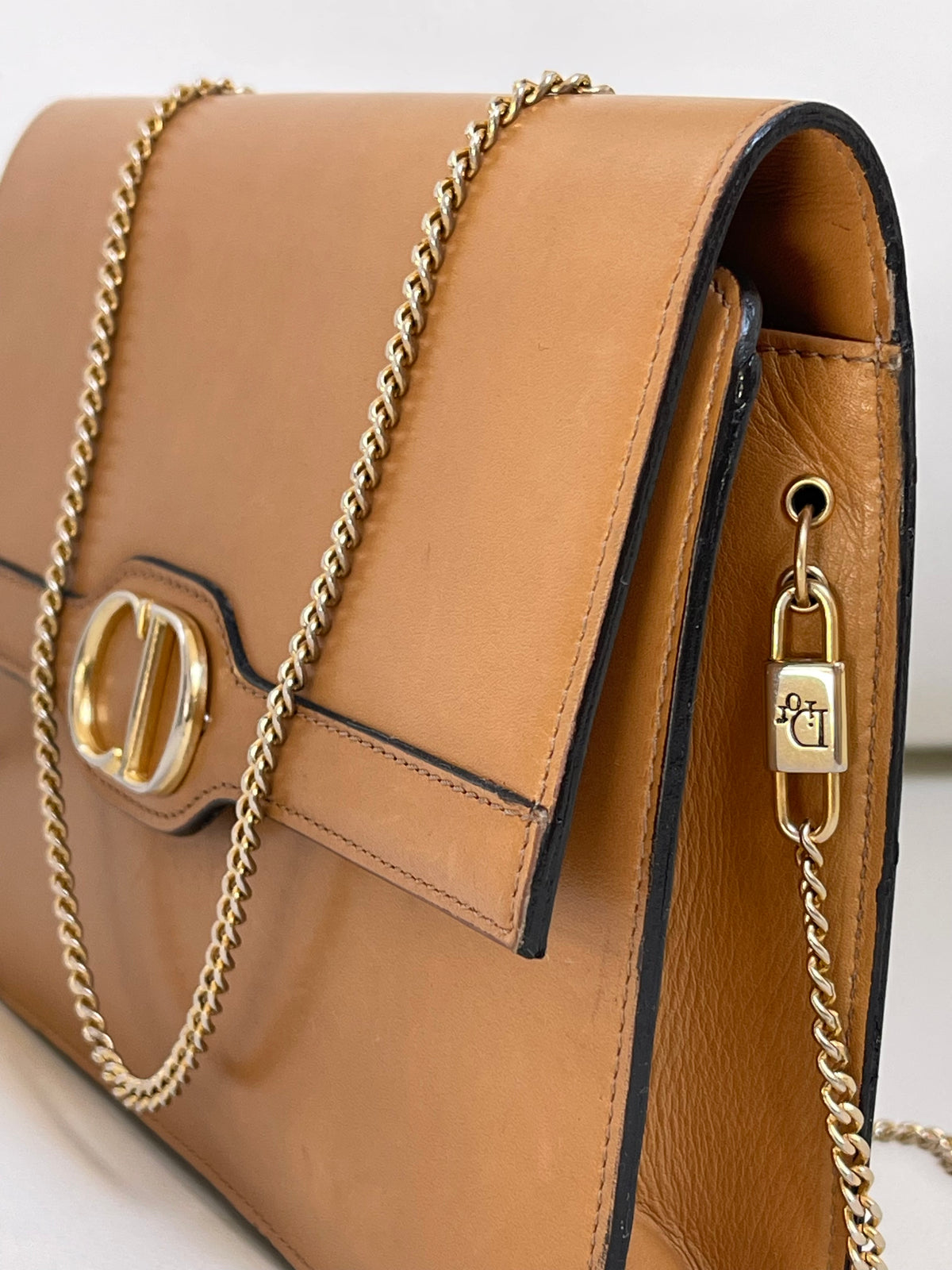 Christian Dior Vintage CD Logo Chain Clutch Caramel Tan Calfskin & Gold-Tone Hardware