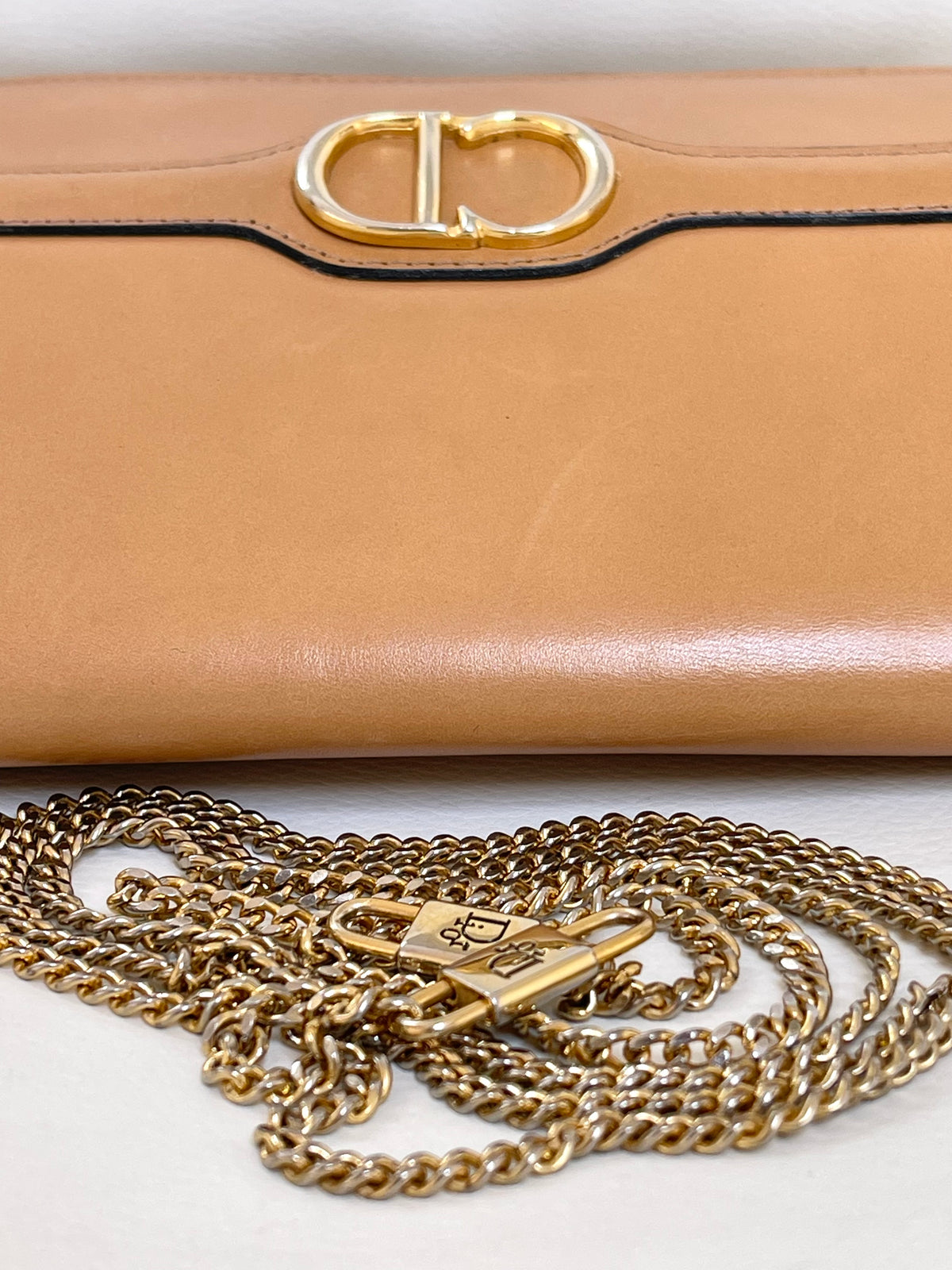 Christian Dior Vintage CD Logo Chain Clutch Caramel Tan Calfskin & Gold-Tone Hardware