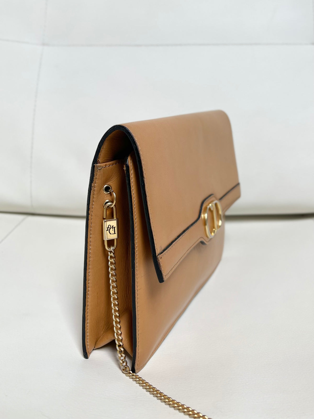 Christian Dior Vintage CD Logo Chain Clutch Caramel Tan Calfskin & Gold-Tone Hardware