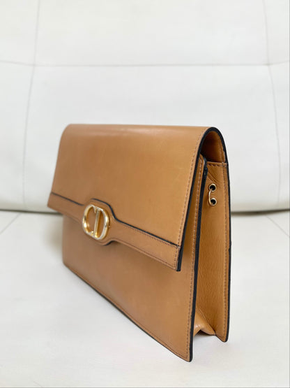 Christian Dior Vintage CD Logo Chain Clutch Caramel Tan Calfskin & Gold-Tone Hardware