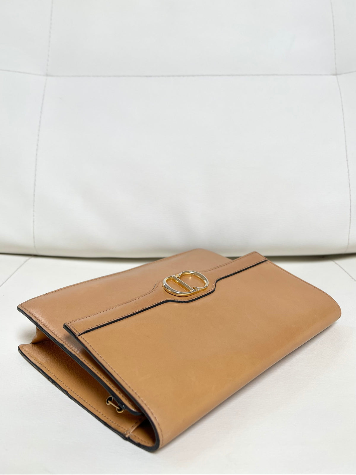 Christian Dior Vintage CD Logo Chain Clutch Caramel Tan Calfskin & Gold-Tone Hardware