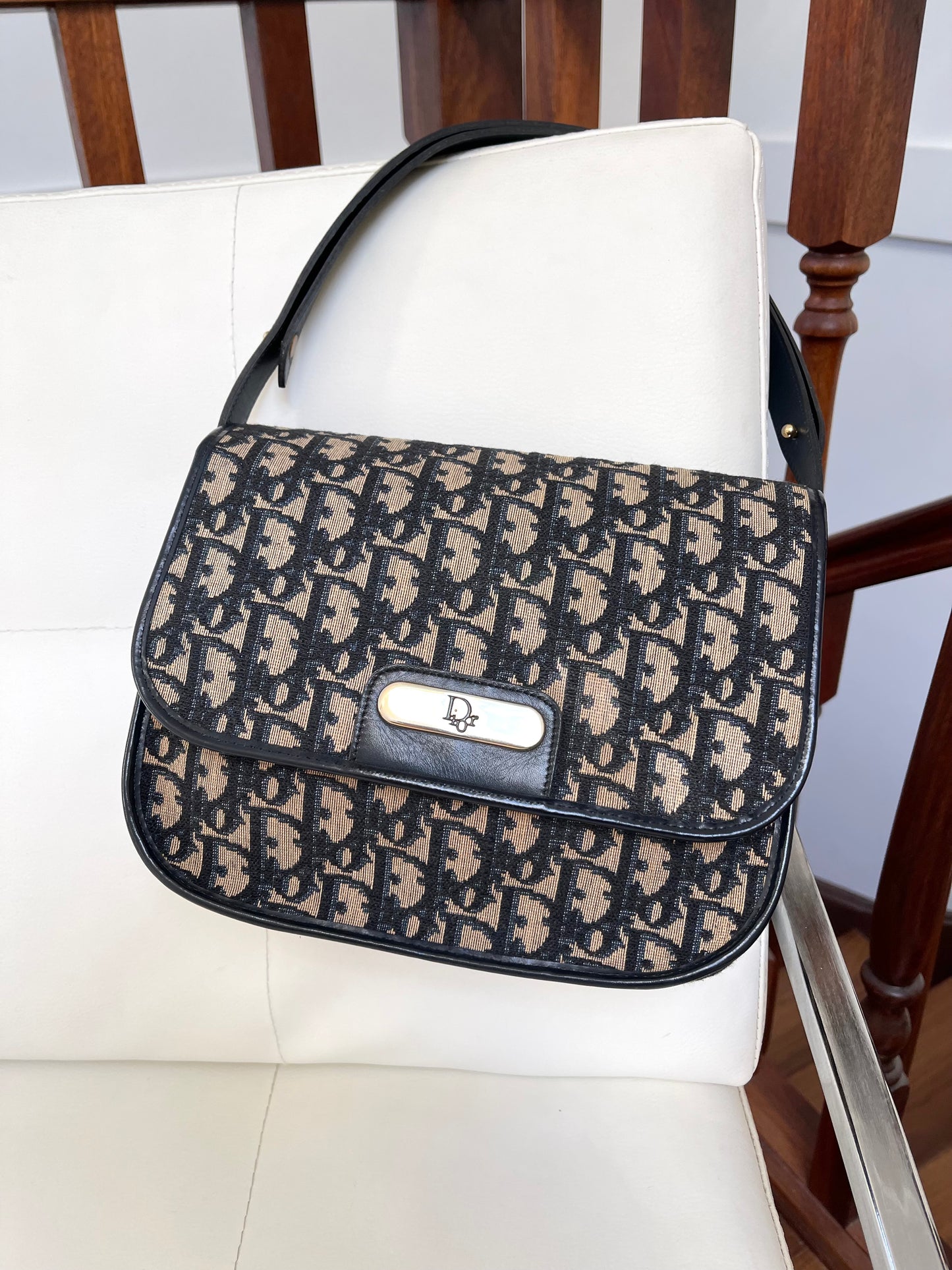 Christian Dior Vintage Oblique Shoulder Bag Navy Canvas & Leather