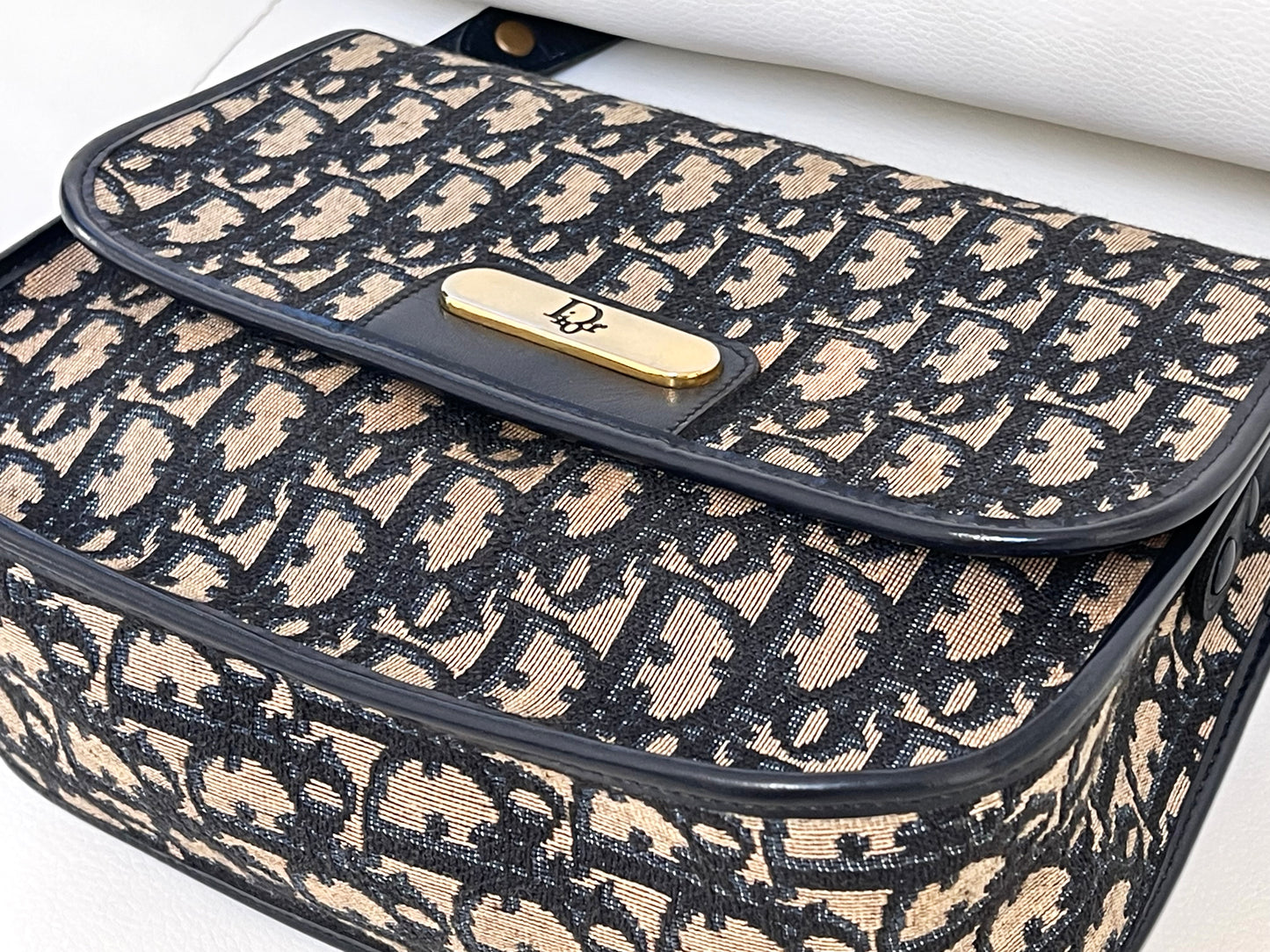 Christian Dior Vintage Oblique Shoulder Bag Navy Canvas & Leather