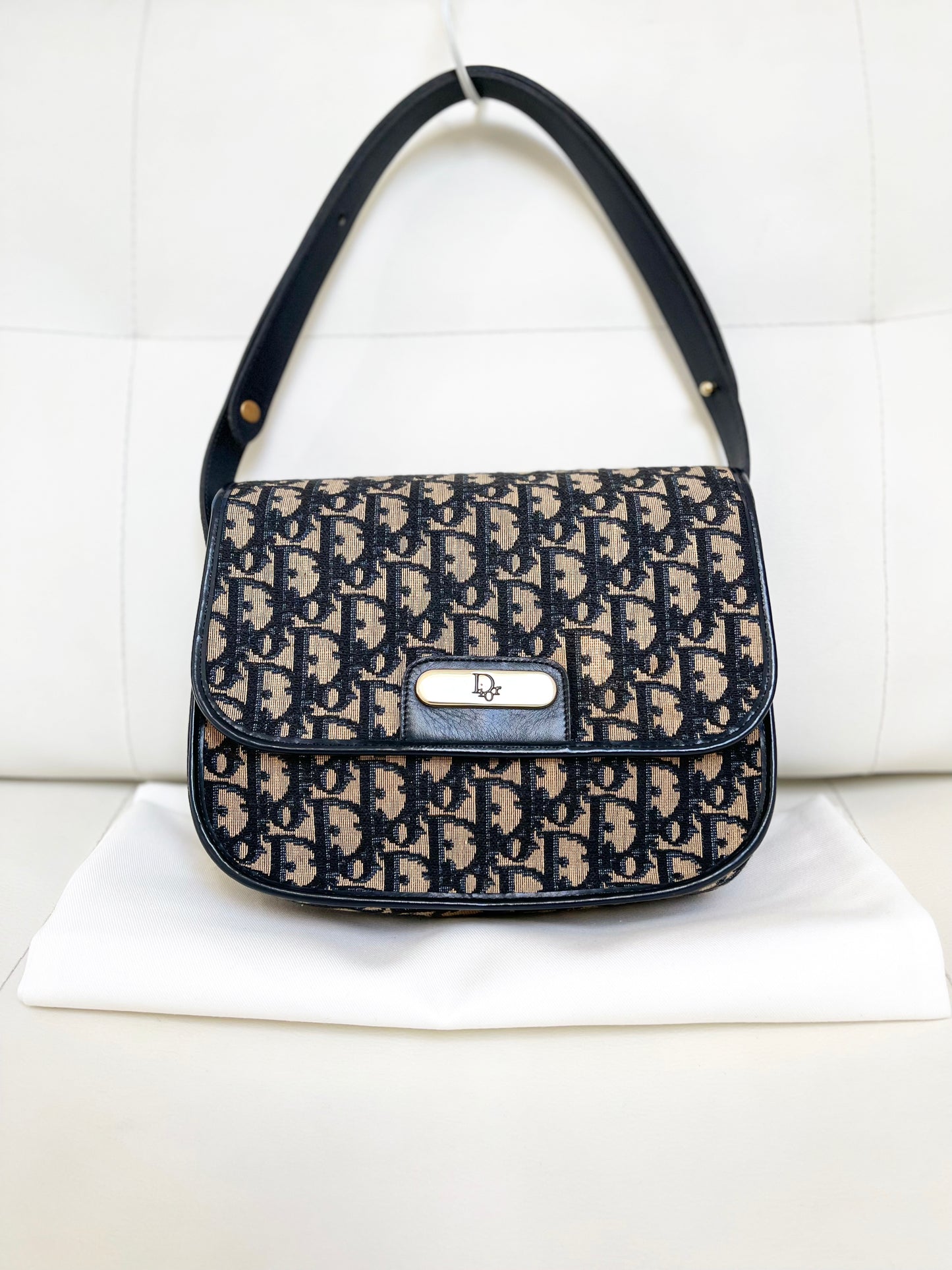 Christian Dior Vintage Oblique Shoulder Bag Navy Canvas & Leather