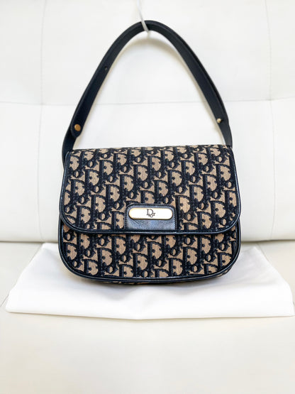 Christian Dior Vintage Oblique Shoulder Bag Navy Canvas & Leather