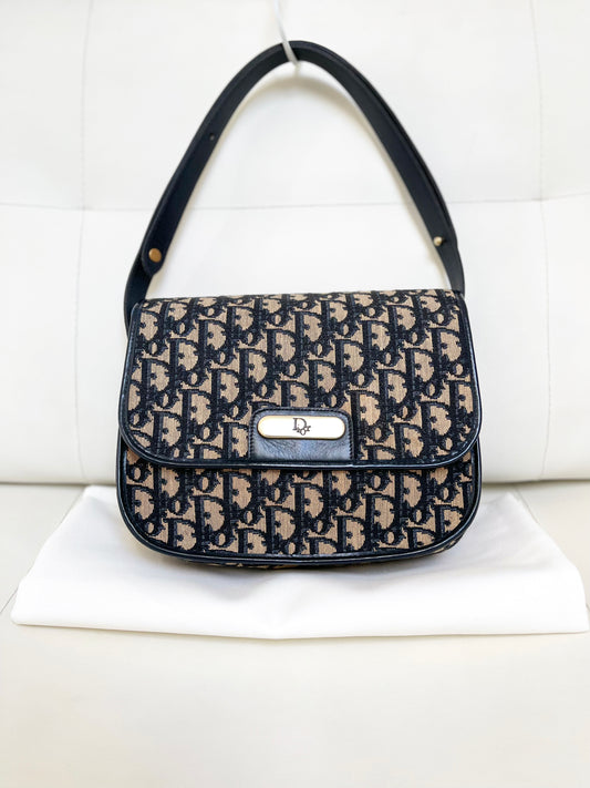 Christian Dior Vintage Oblique Shoulder Bag Navy Canvas & Leather