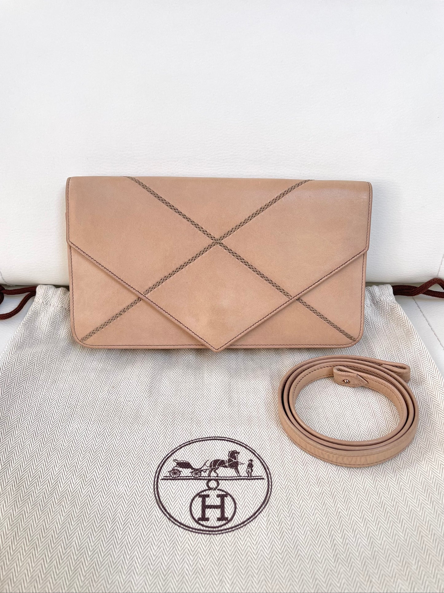 Hermès 1970s Archival Envelope Clutch w/ Strap | Warm Beige Lambskin | Cross-Stitched (Rare Vintage)