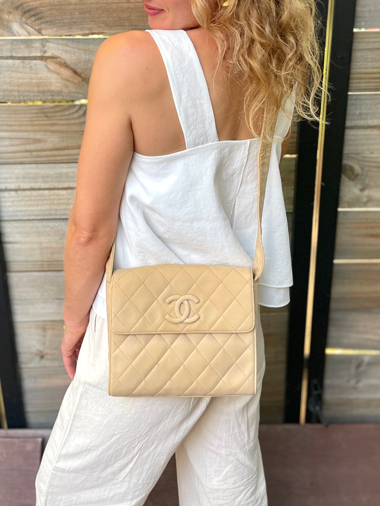 Chanel Quilted Classic Camera Single Flap Bag | Series 2 (1991-1994) | Sand Beige Lambskin