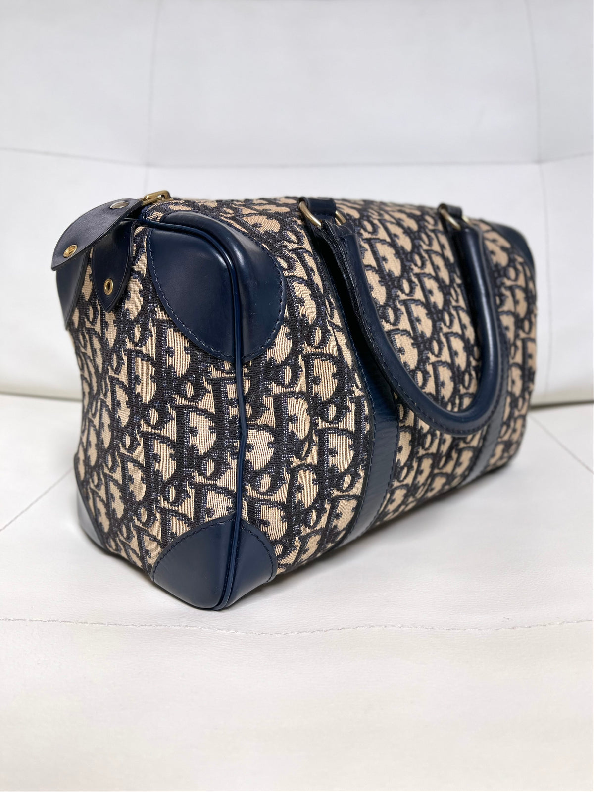 Christian Dior Vintage Boston 25 Oblique Jacquard Navy Bowling Bag