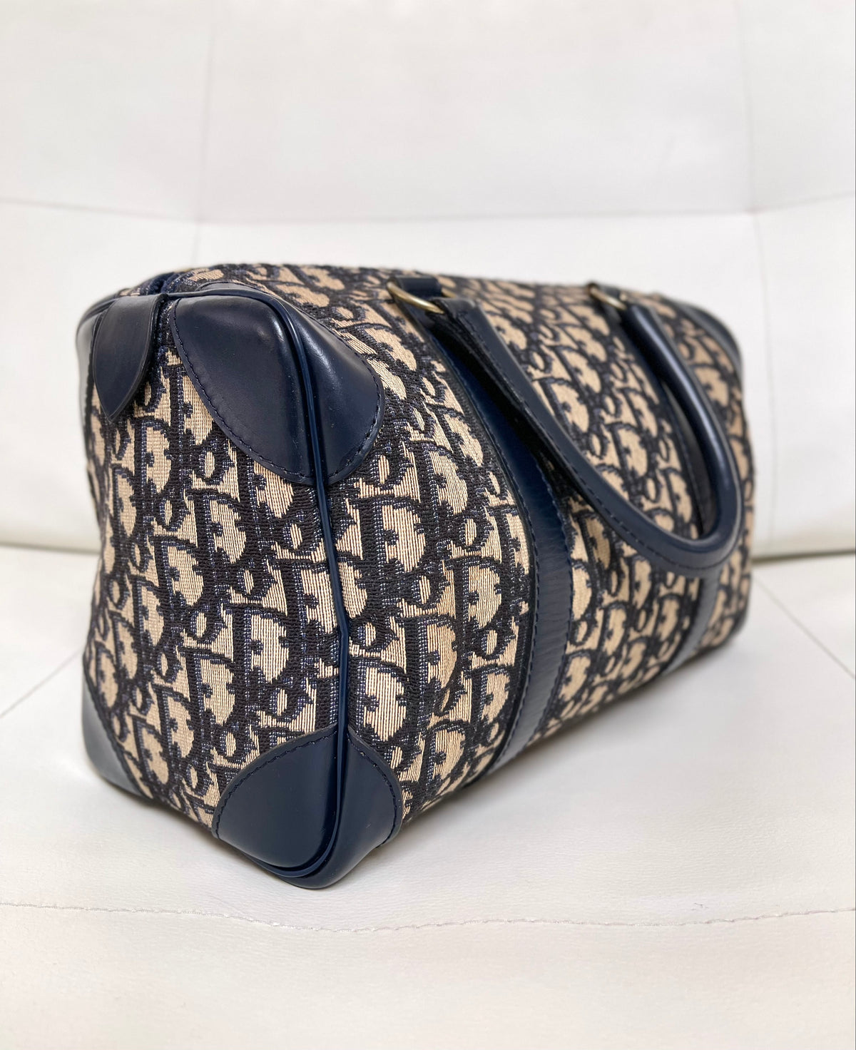 Christian Dior Vintage Boston 25 Oblique Jacquard Navy Bowling Bag