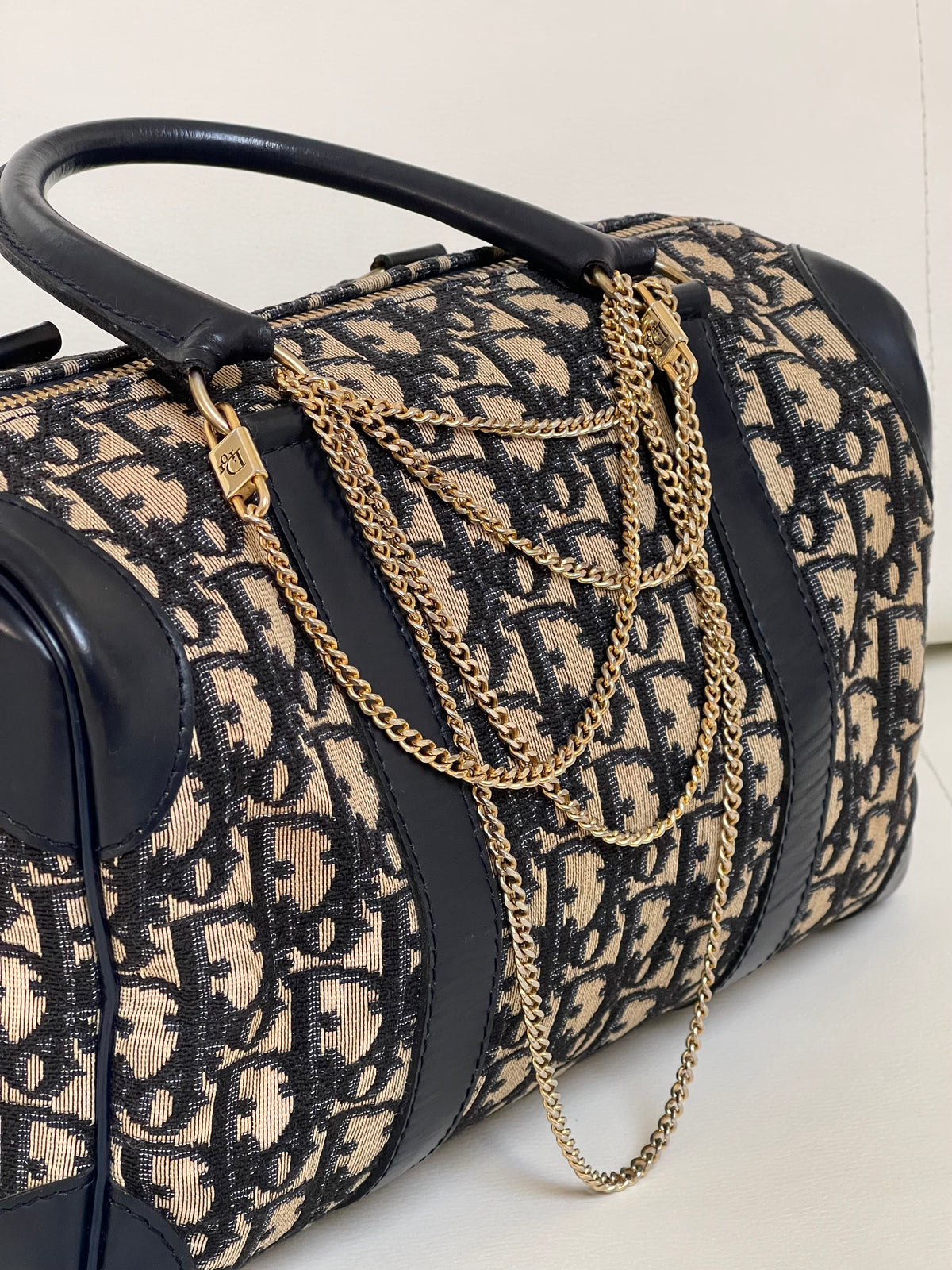 Christian Dior Vintage Boston 25 Oblique Jacquard Navy Bowling Bag