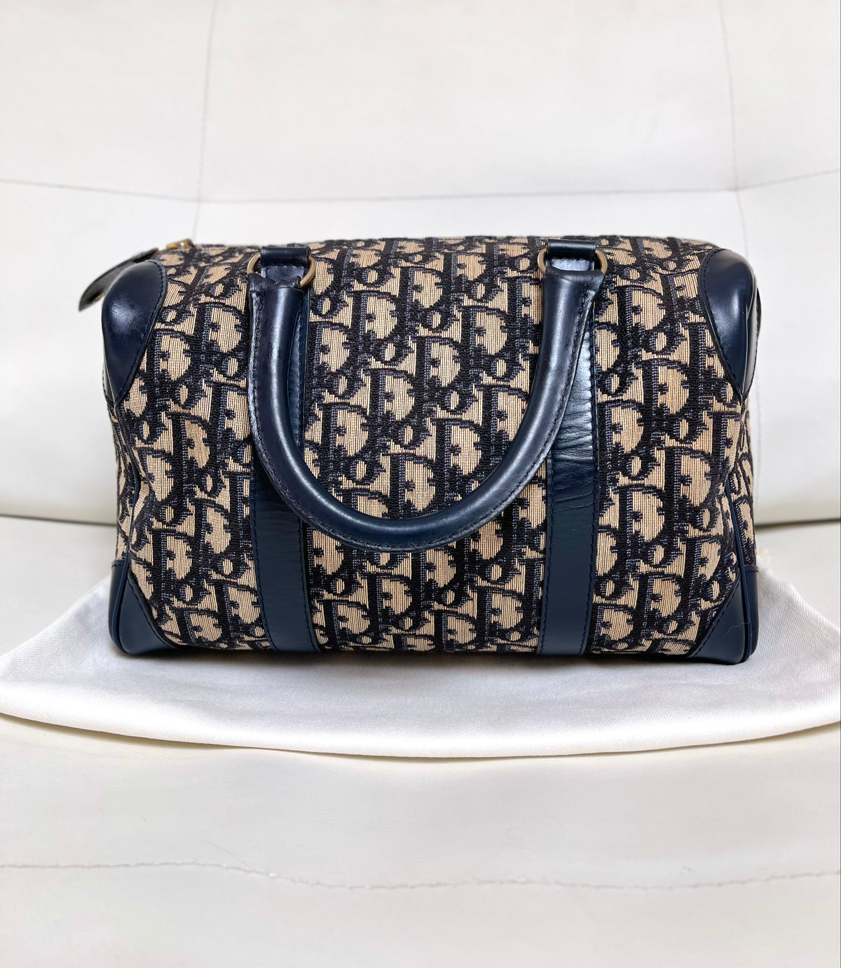 Christian Dior Vintage Boston 25 Oblique Jacquard Navy Bowling Bag