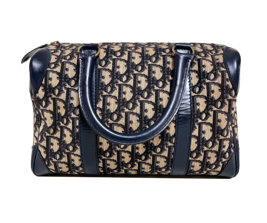 Christian Dior Vintage Boston 25 Oblique Jacquard Navy Bowling Bag