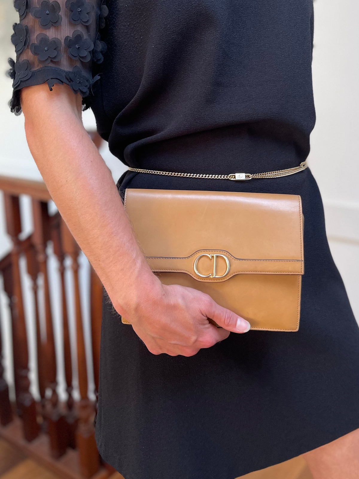 Christian Dior Vintage CD Logo Chain Clutch Caramel Tan Calfskin & Gold-Tone Hardware