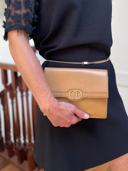 Christian Dior Vintage CD Logo Chain Clutch Caramel Tan Calfskin & Gold-Tone Hardware