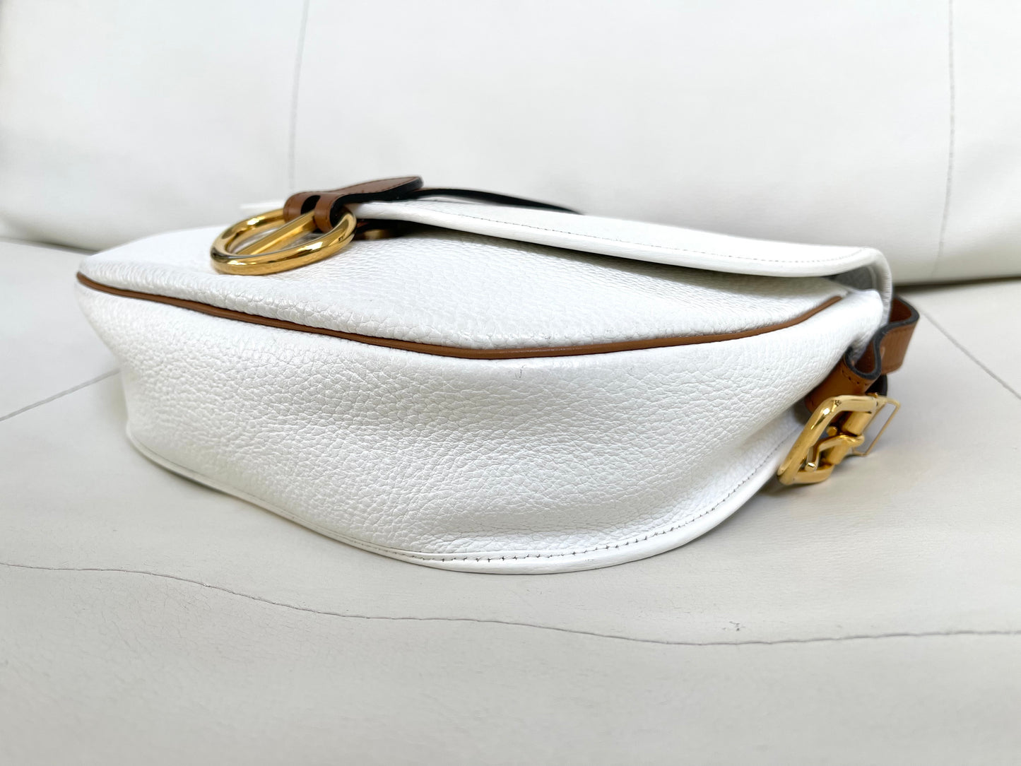 Christian Dior Vintage Equestrian Saddle Flap Craie White Grained Calfskin & Cognac Leather Crossbody Bag