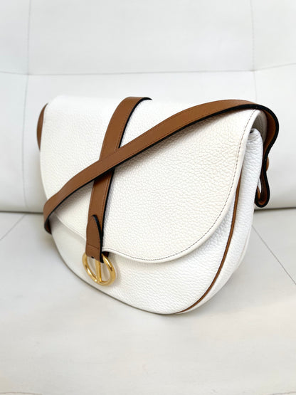 Christian Dior Vintage Equestrian Saddle Flap Craie White Grained Calfskin & Cognac Leather Crossbody Bag