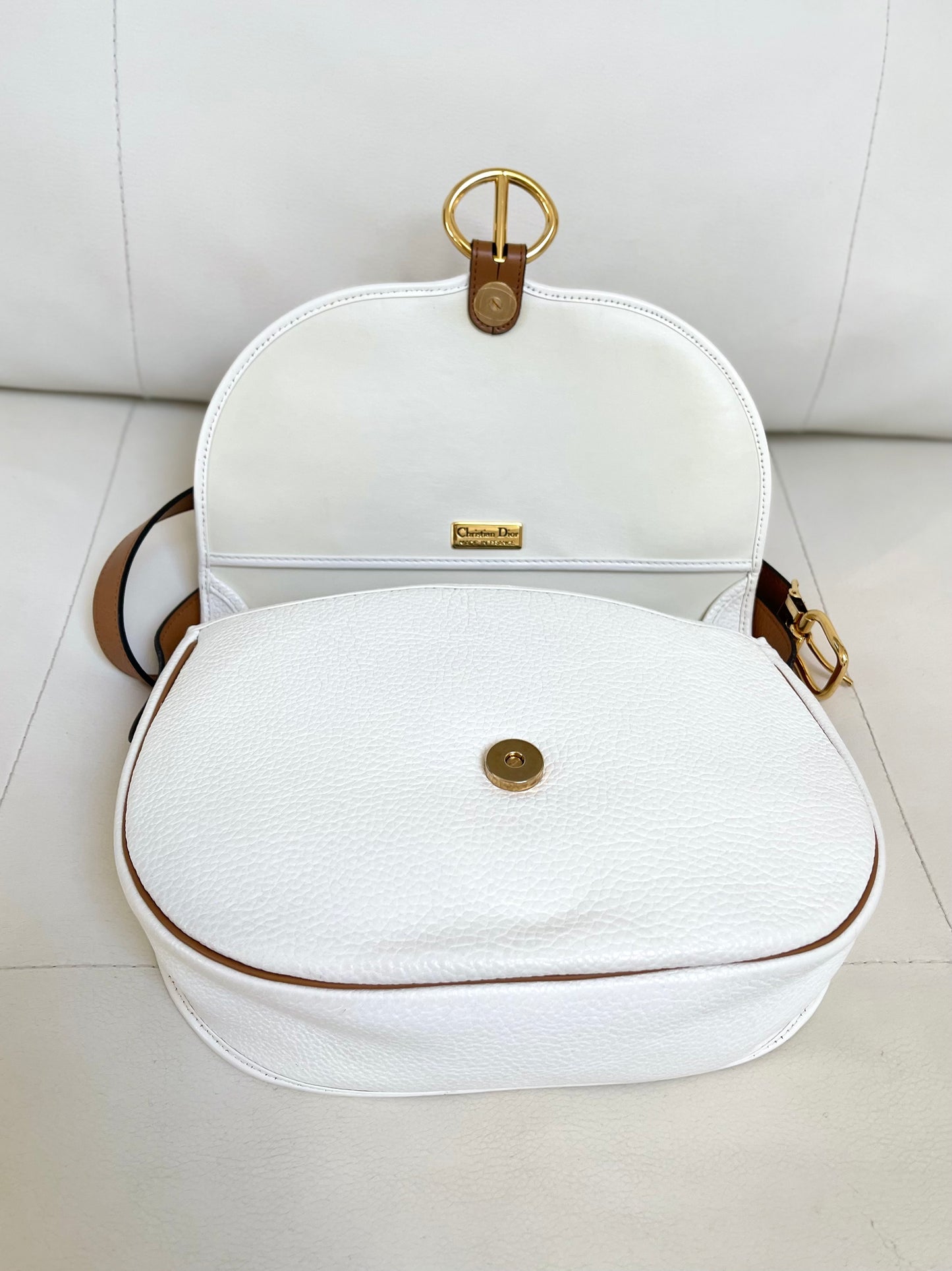 Christian Dior Vintage Equestrian Saddle Flap Craie White Grained Calfskin & Cognac Leather Crossbody Bag
