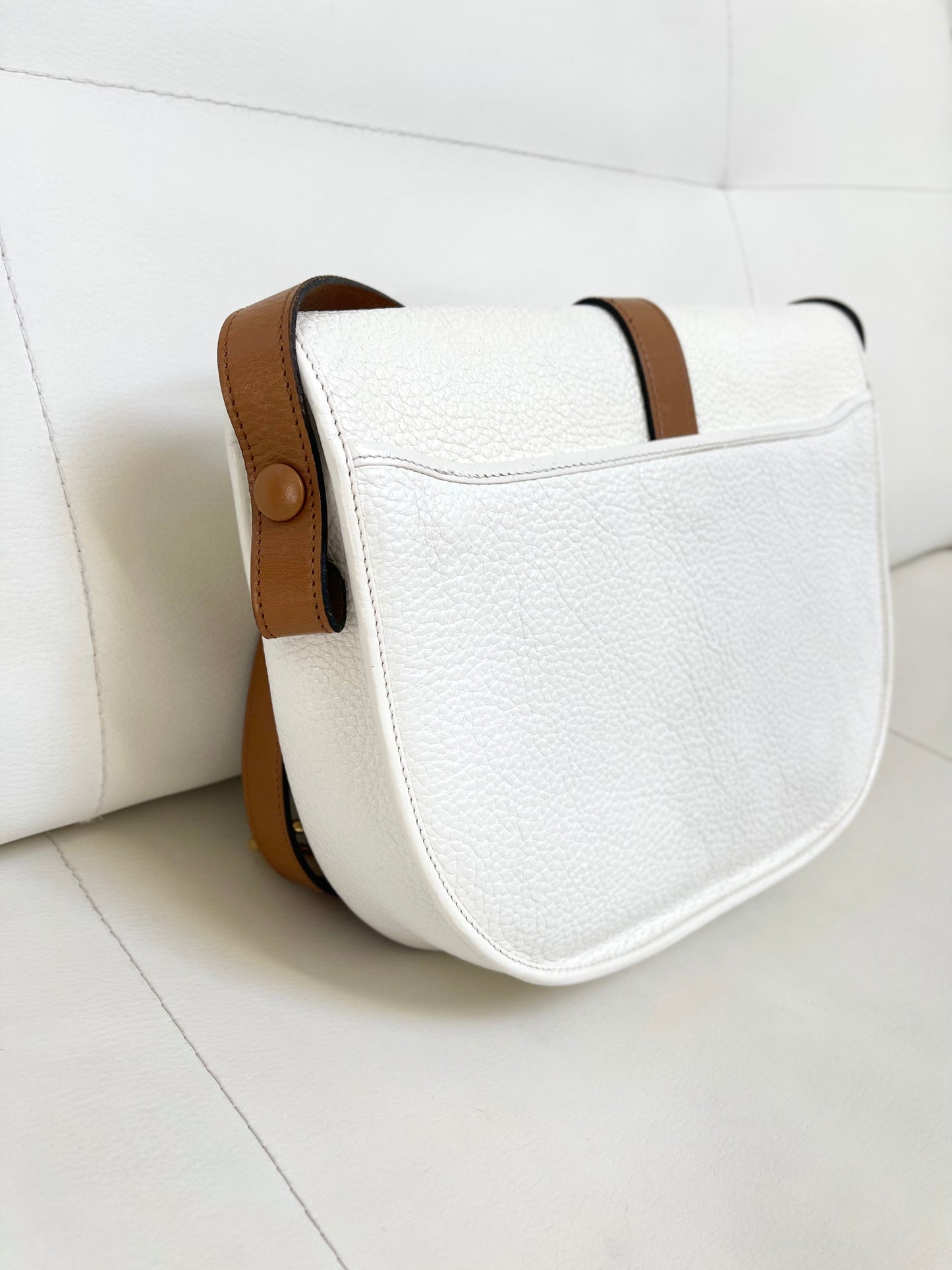 Christian Dior Vintage Equestrian Saddle Flap Craie White Grained Calfskin & Cognac Leather Crossbody Bag