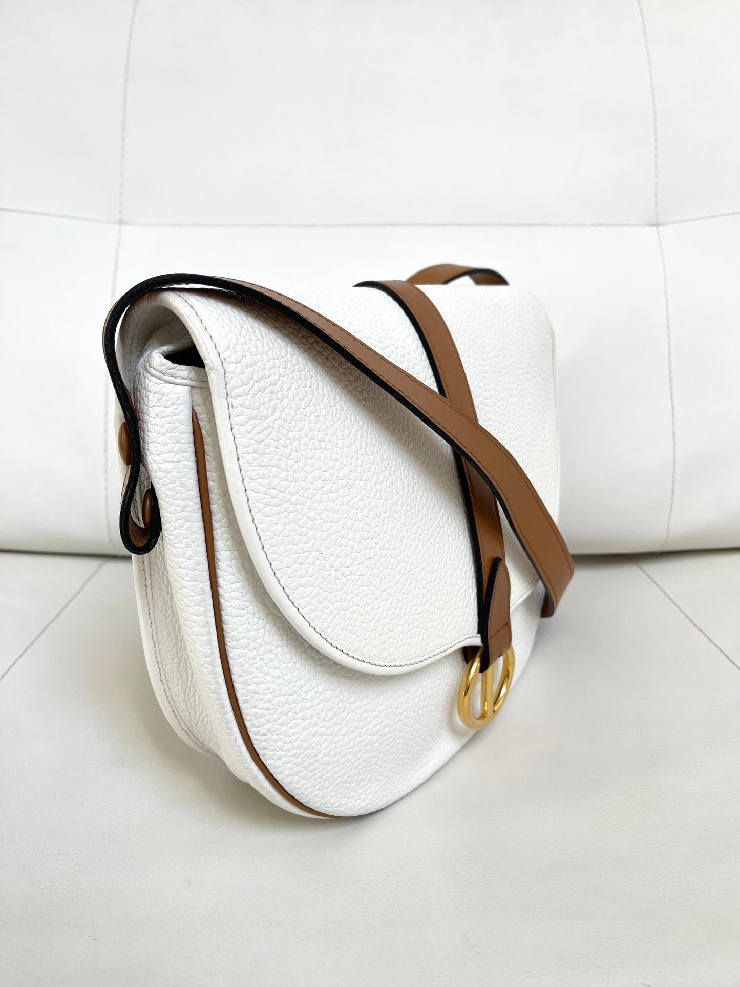 Christian Dior Vintage Equestrian Saddle Flap Craie White Grained Calfskin & Cognac Leather Crossbody Bag