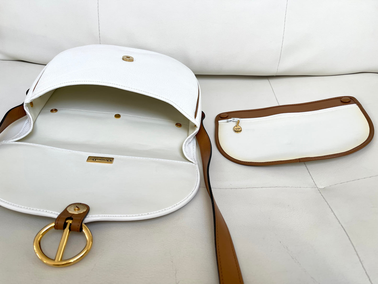 Christian Dior Vintage Equestrian Saddle Flap Craie White Grained Calfskin & Cognac Leather Crossbody Bag