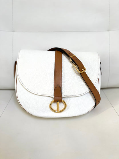 Christian Dior Vintage Equestrian Saddle Flap Craie White Grained Calfskin & Cognac Leather Crossbody Bag