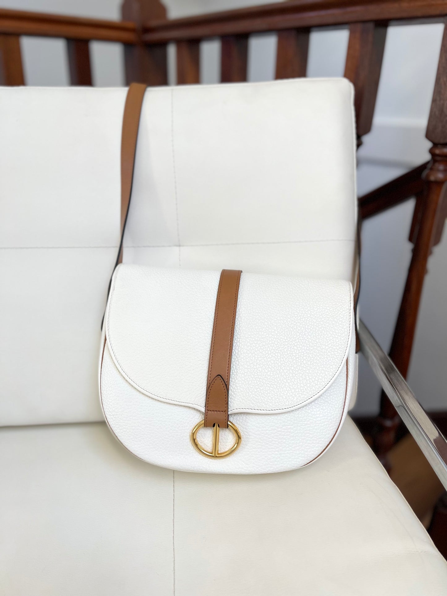 Christian Dior Vintage Equestrian Saddle Flap Craie White Grained Calfskin & Cognac Leather Crossbody Bag