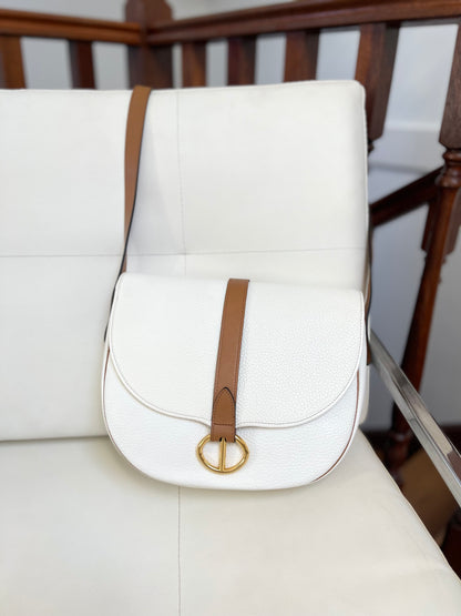 Christian Dior Vintage Equestrian Saddle Flap Craie White Grained Calfskin & Cognac Leather Crossbody Bag