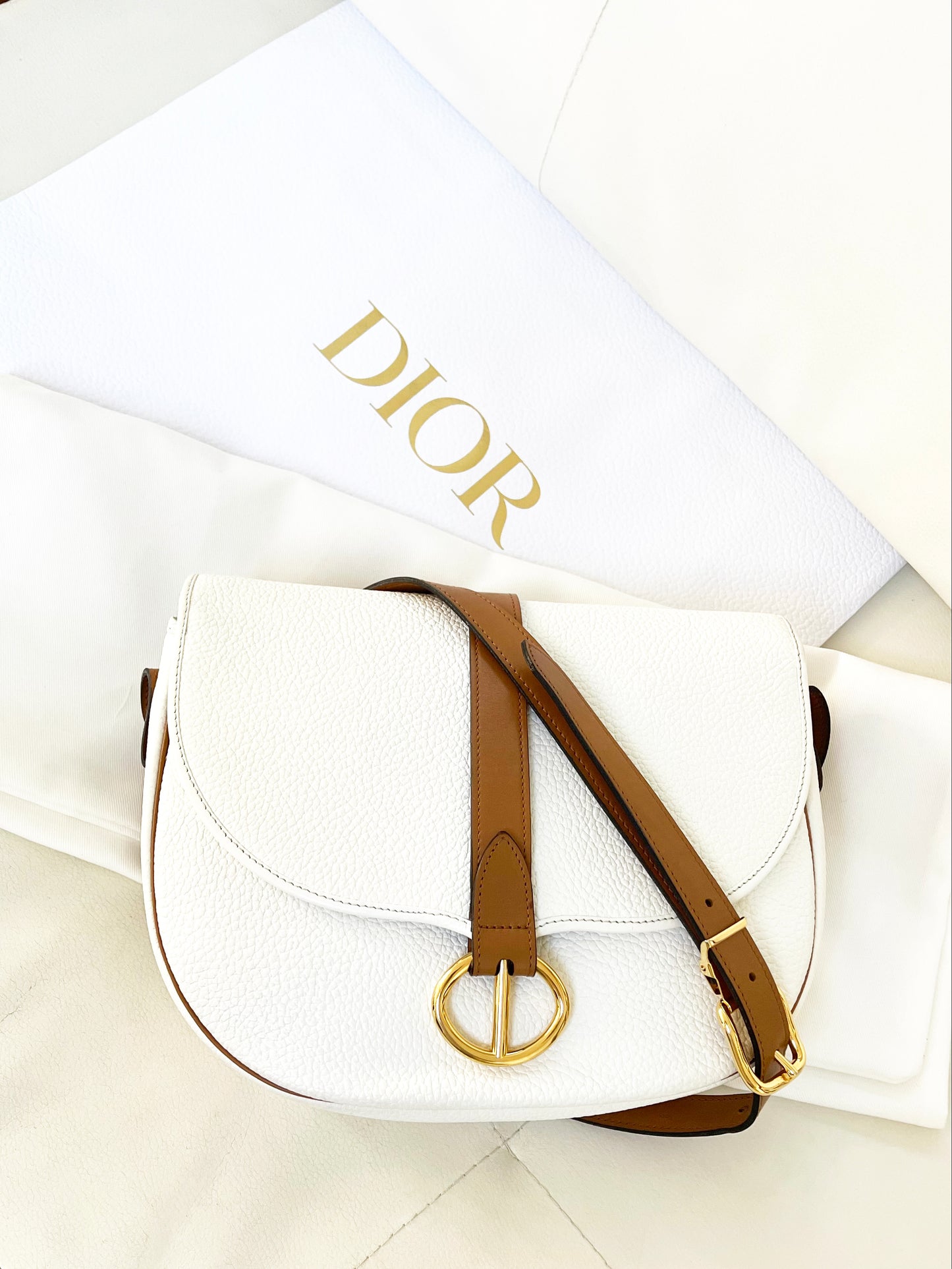 Christian Dior Vintage Equestrian Saddle Flap Craie White Grained Calfskin & Cognac Leather Crossbody Bag