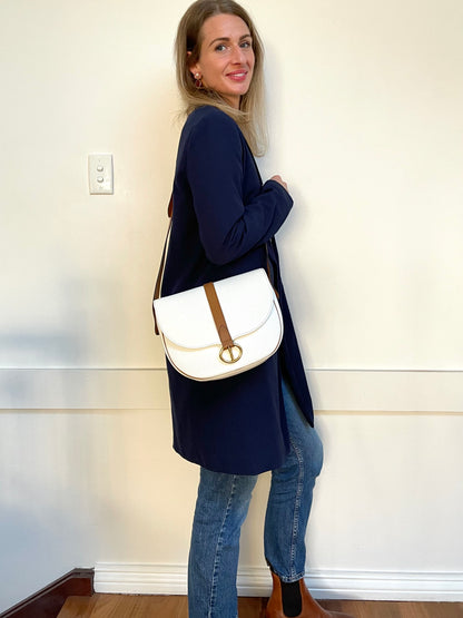Christian Dior Vintage Equestrian Saddle Flap Craie White Grained Calfskin & Cognac Leather Crossbody Bag