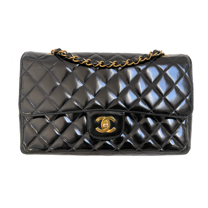 Chanel Classic Timeless Medium Double Flap | Series 3 (1994-1996) | Black Patent Leather & 24-Karat GHW