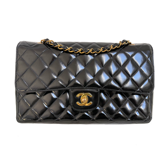 Chanel Classic Timeless Medium Double Flap | Series 3 (1994-1996) | Black Patent Leather & 24-Karat GHW
