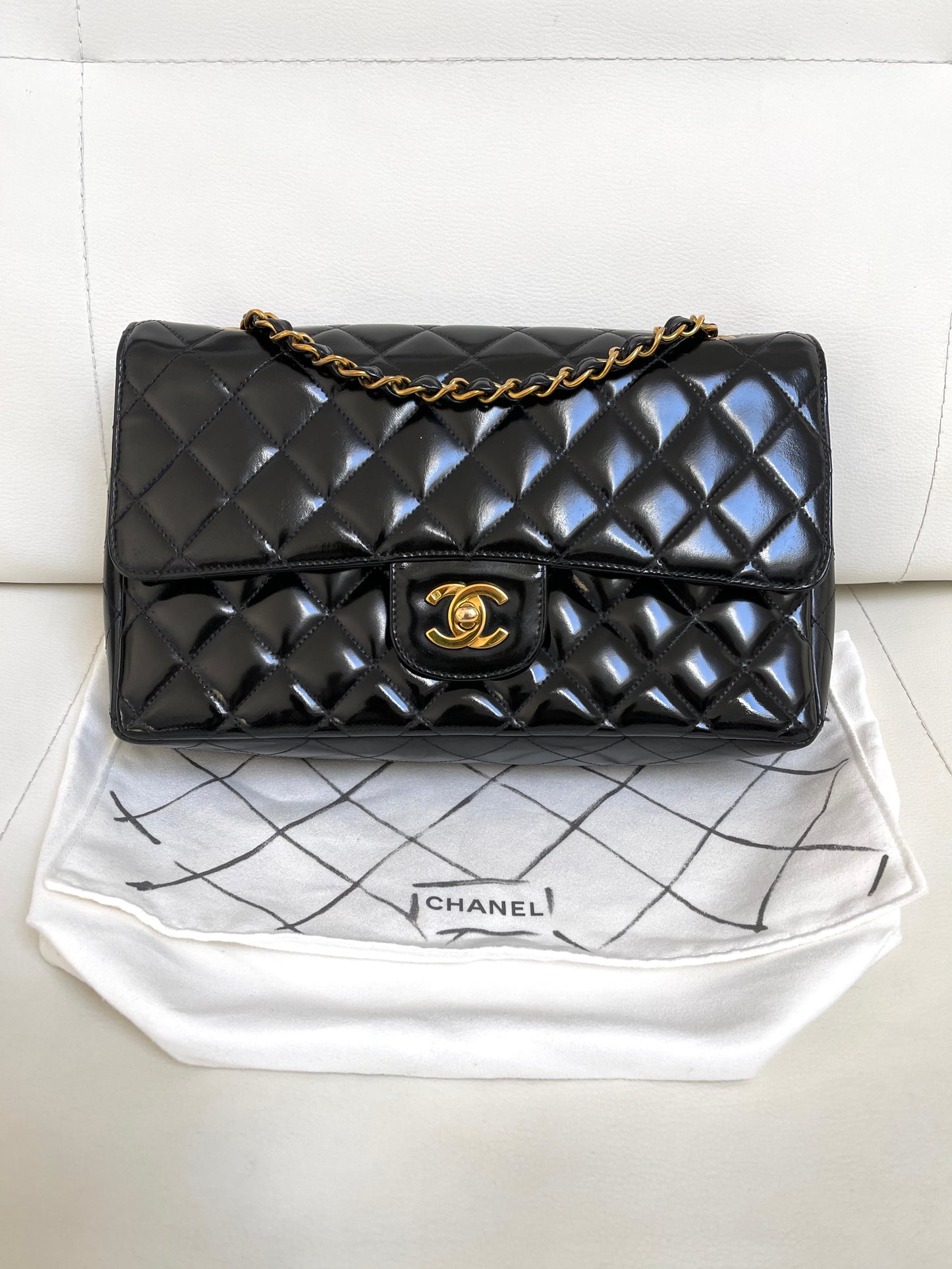 Chanel Classic Timeless Medium Double Flap | Series 3 (1994-1996) | Black Patent Leather & 24-Karat GHW