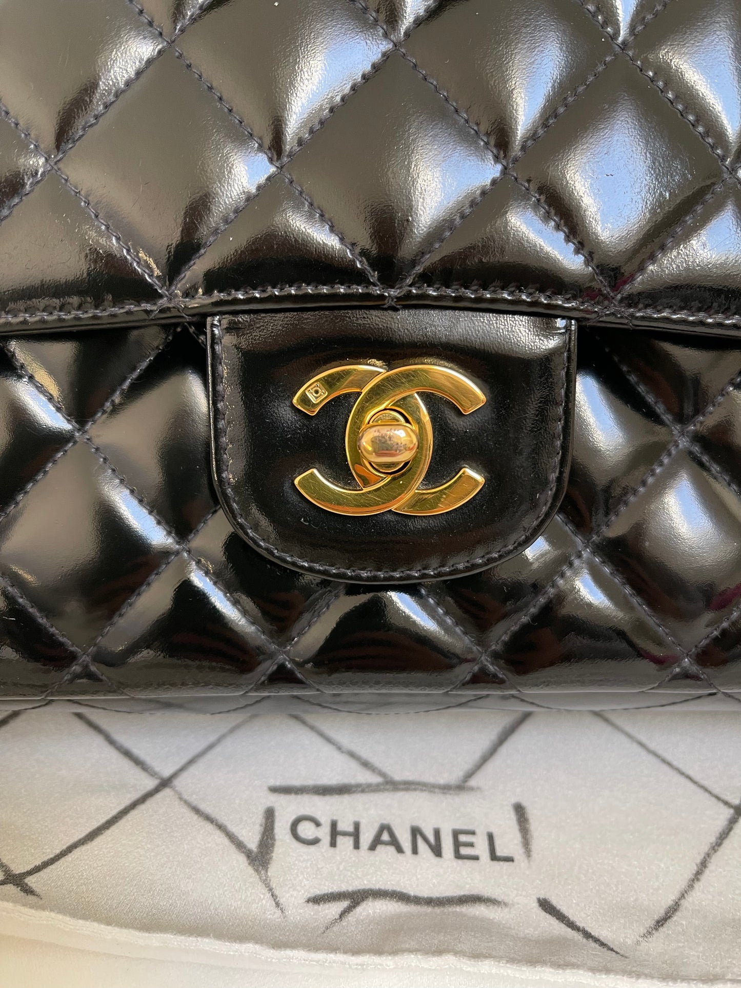 Chanel Classic Timeless Medium Double Flap | Series 3 (1994-1996) | Black Patent Leather & 24-Karat GHW