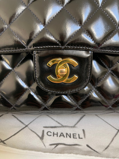 Chanel Classic Timeless Medium Double Flap | Series 3 (1994-1996) | Black Patent Leather & 24-Karat GHW