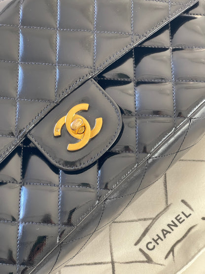 Chanel Classic Timeless Medium Double Flap | Series 3 (1994-1996) | Black Patent Leather & 24-Karat GHW
