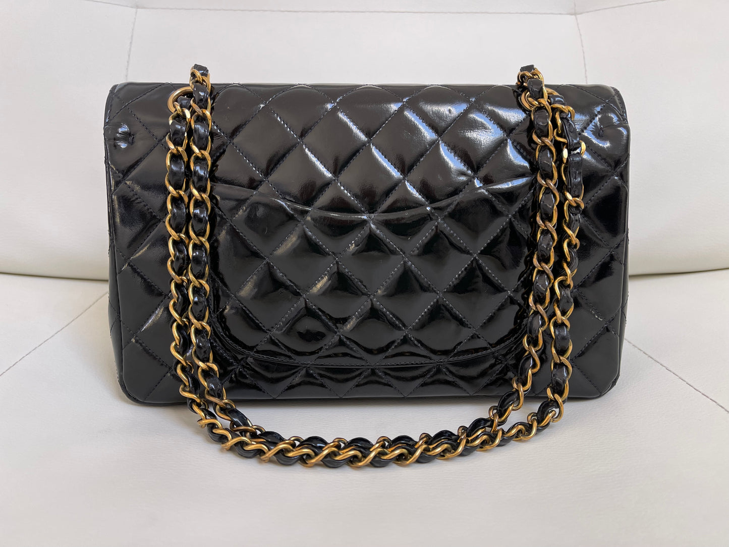 Chanel Classic Timeless Medium Double Flap | Series 3 (1994-1996) | Black Patent Leather & 24-Karat GHW