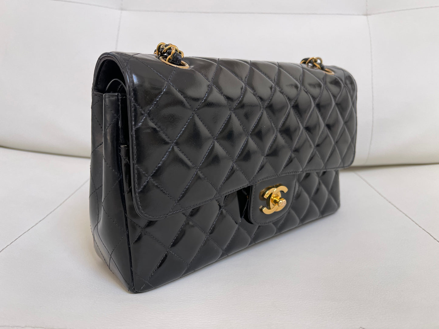 Chanel Classic Timeless Medium Double Flap | Series 3 (1994-1996) | Black Patent Leather & 24-Karat GHW