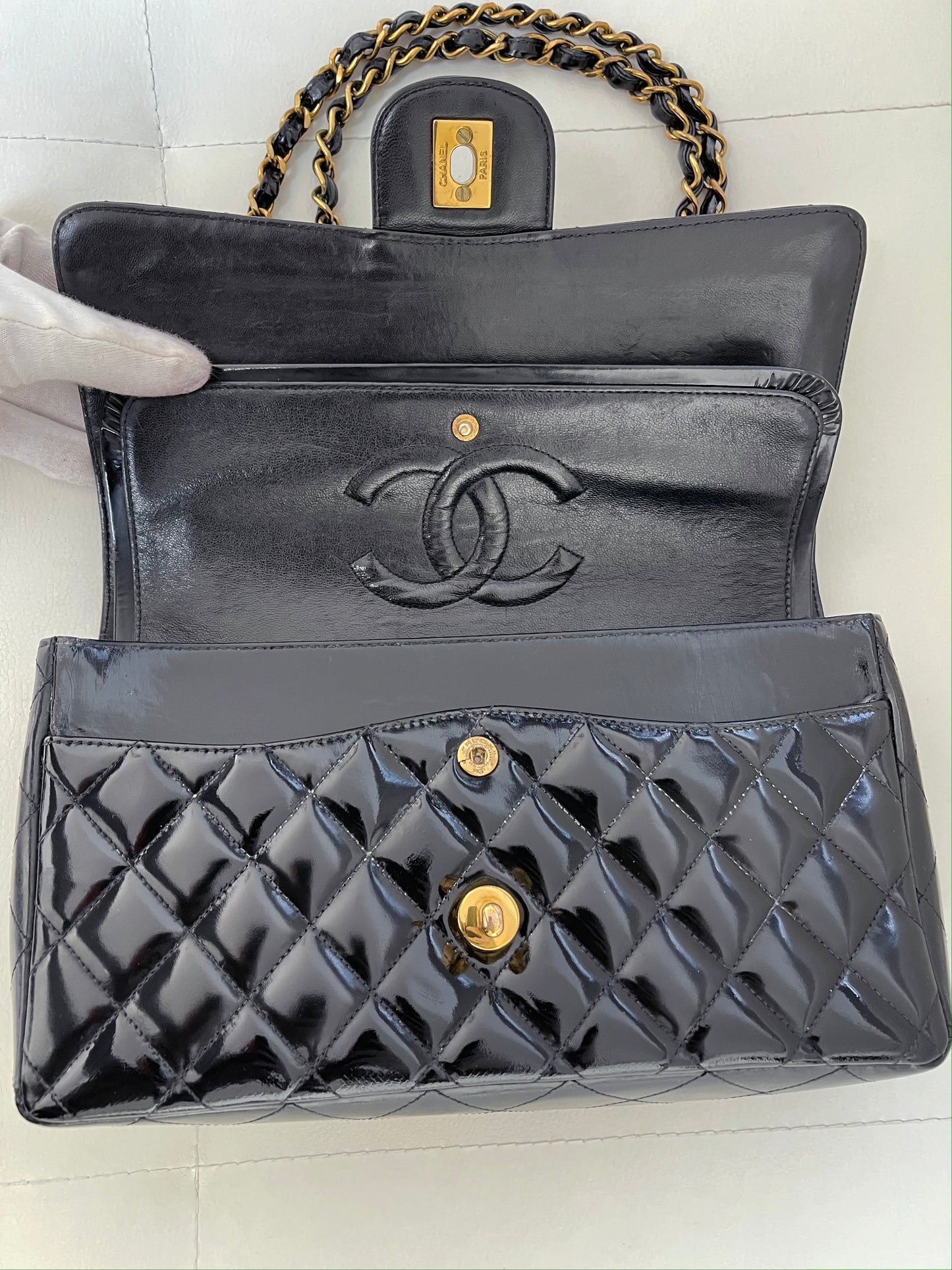 Chanel Classic Timeless Medium Double Flap | Series 3 (1994-1996) | Black Patent Leather & 24-Karat GHW
