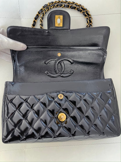 Chanel Classic Timeless Medium Double Flap | Series 3 (1994-1996) | Black Patent Leather & 24-Karat GHW