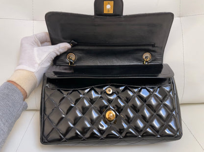Chanel Classic Timeless Medium Double Flap | Series 3 (1994-1996) | Black Patent Leather & 24-Karat GHW