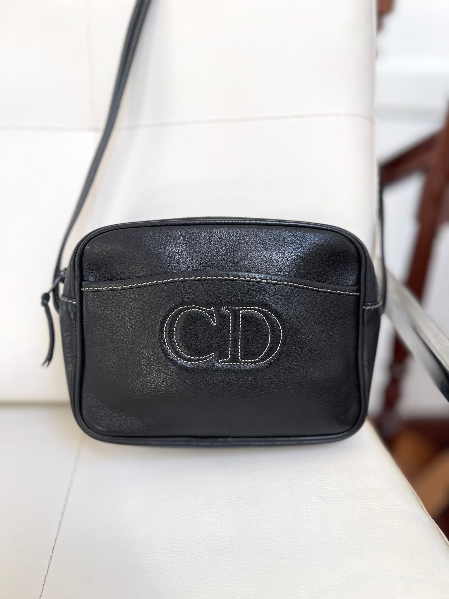 Dior Vintage Crossbody Camera Bag | Black Leather w/ CD embroidered logo