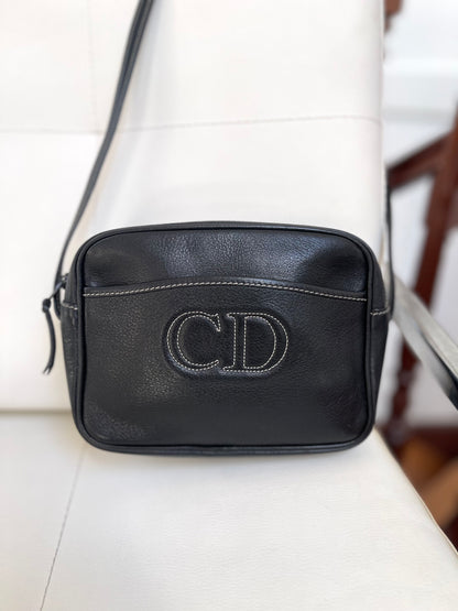 Dior Vintage Crossbody Camera Bag | Black Leather w/ CD embroidered logo