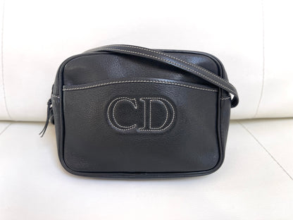 Dior Vintage Crossbody Camera Bag | Black Leather w/ CD embroidered logo