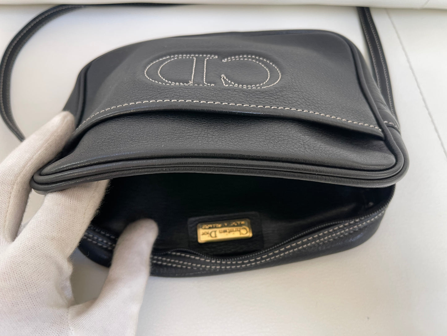 Dior Vintage Crossbody Camera Bag | Black Leather w/ CD embroidered logo
