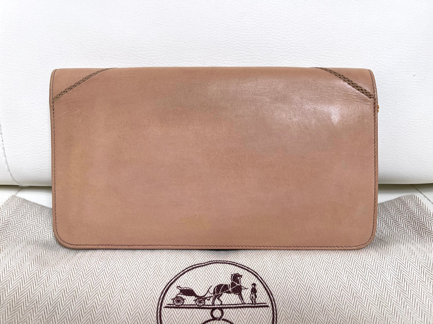 Hermès 1970s Archival Envelope Clutch w/ Strap | Warm Beige Lambskin | Cross-Stitched (Rare Vintage)
