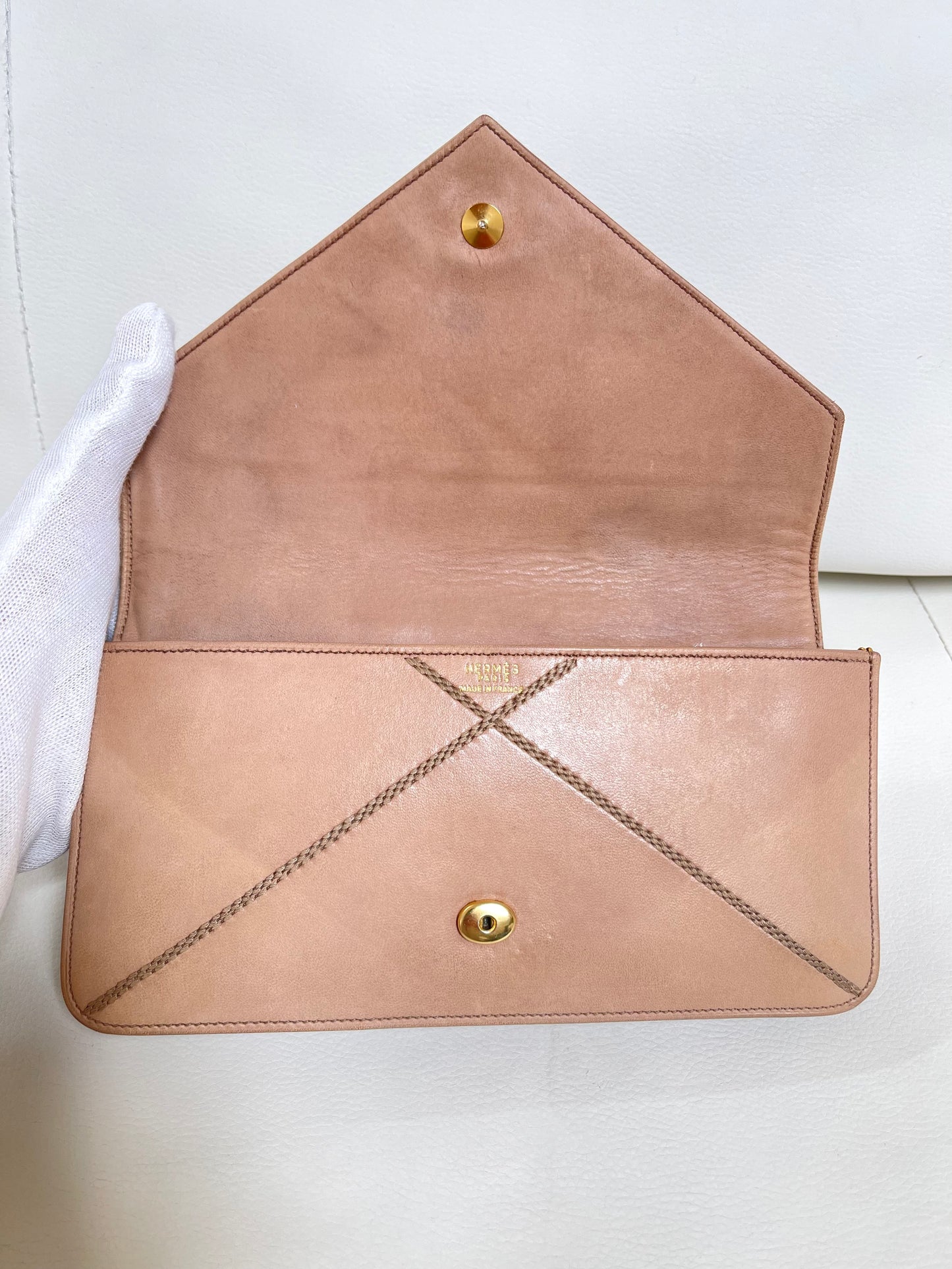 Hermès 1970s Archival Envelope Clutch w/ Strap | Warm Beige Lambskin | Cross-Stitched (Rare Vintage)